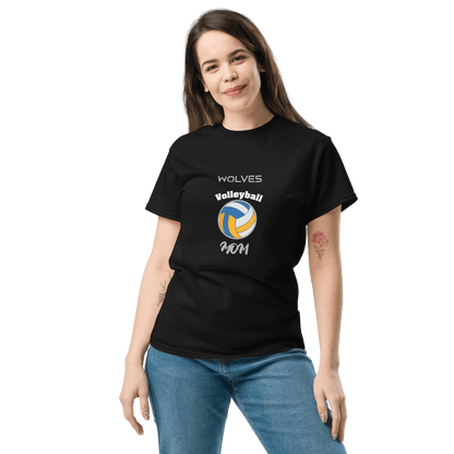 Woman wearing Wolves Volleyball Mom tee, supporting her child on game day with a stylish black cotton shirt.