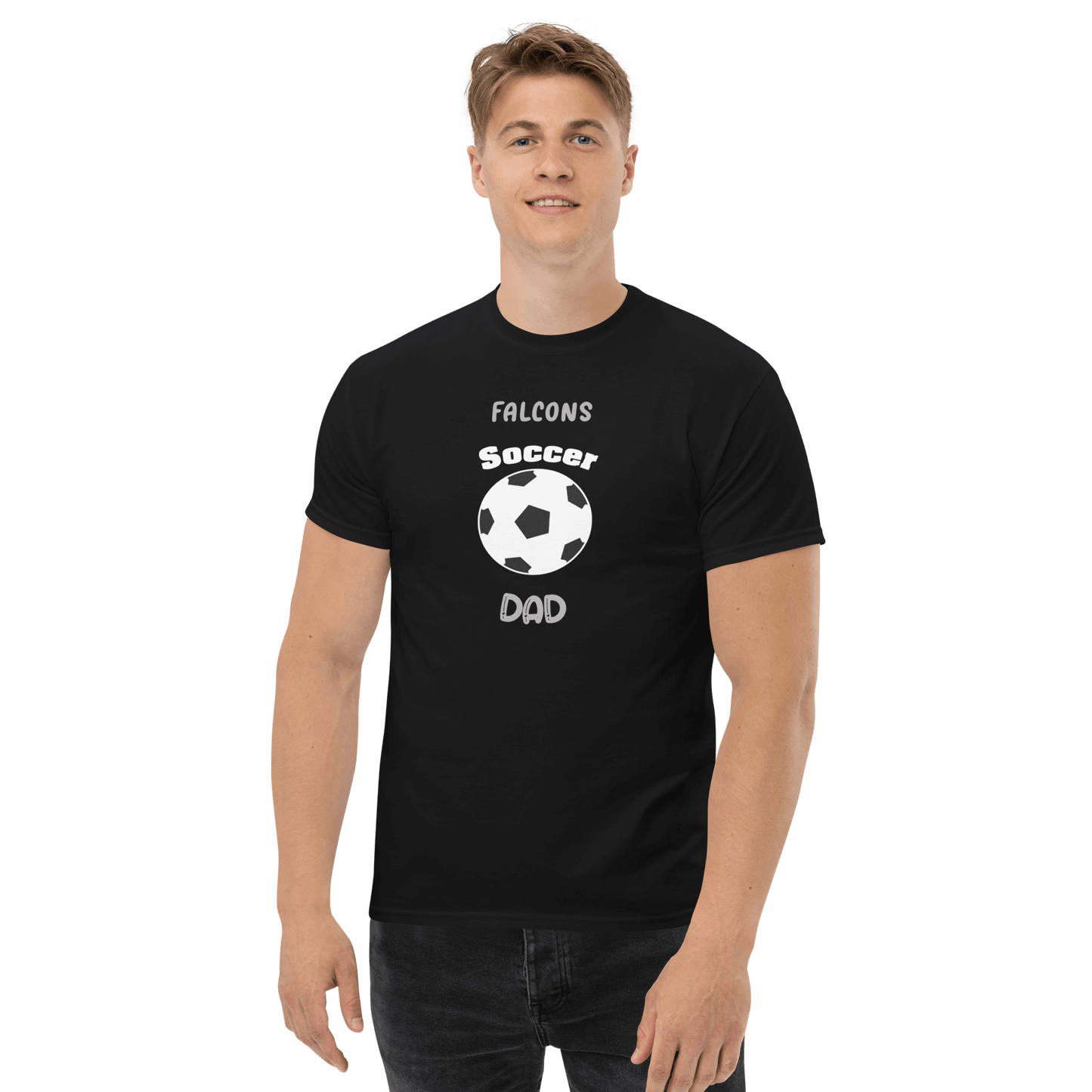 Falcons soccer dad t-shirt featuring a soccer ball, perfect for proud parents supporting youth teams.