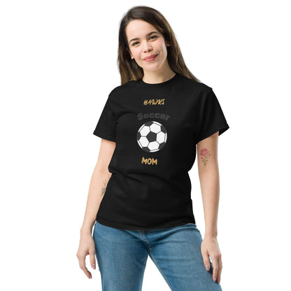 Black soccer mom tee featuring a soccer ball graphic, perfect for proud parents and game day supporters.