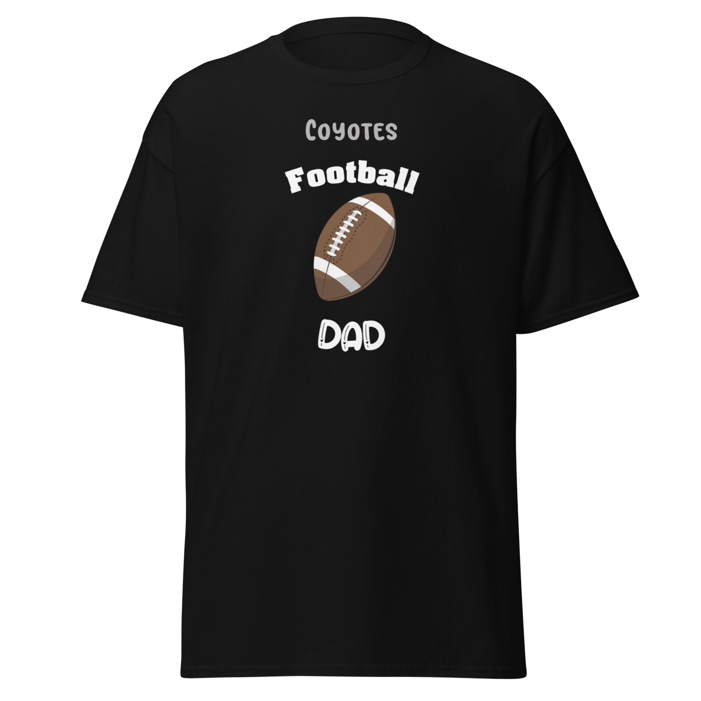 Personalized black football dad tee with 'Coyotes Football' design for enthusiastic fans.