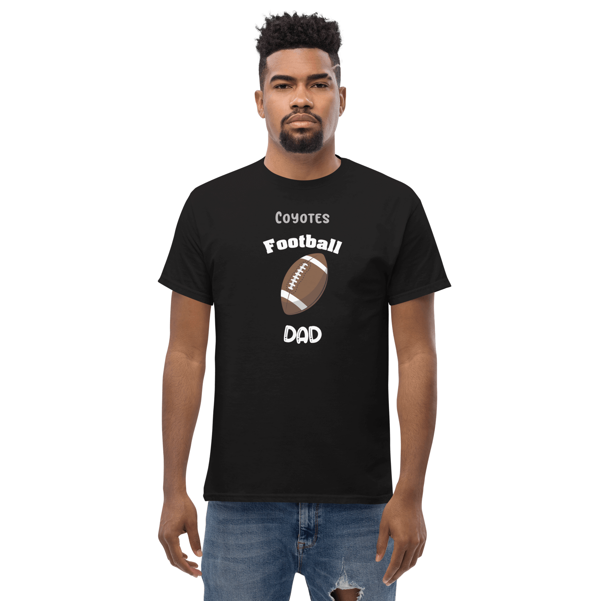 Personalized black football dad tee with coyote design, perfect for game day and everyday pride.