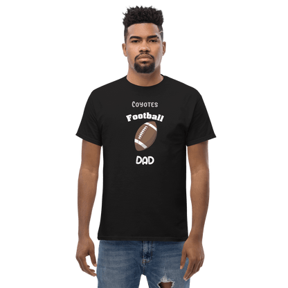 Personalized black tee for football dads featuring 'Coyotes Football Dad' graphic and football illustration.