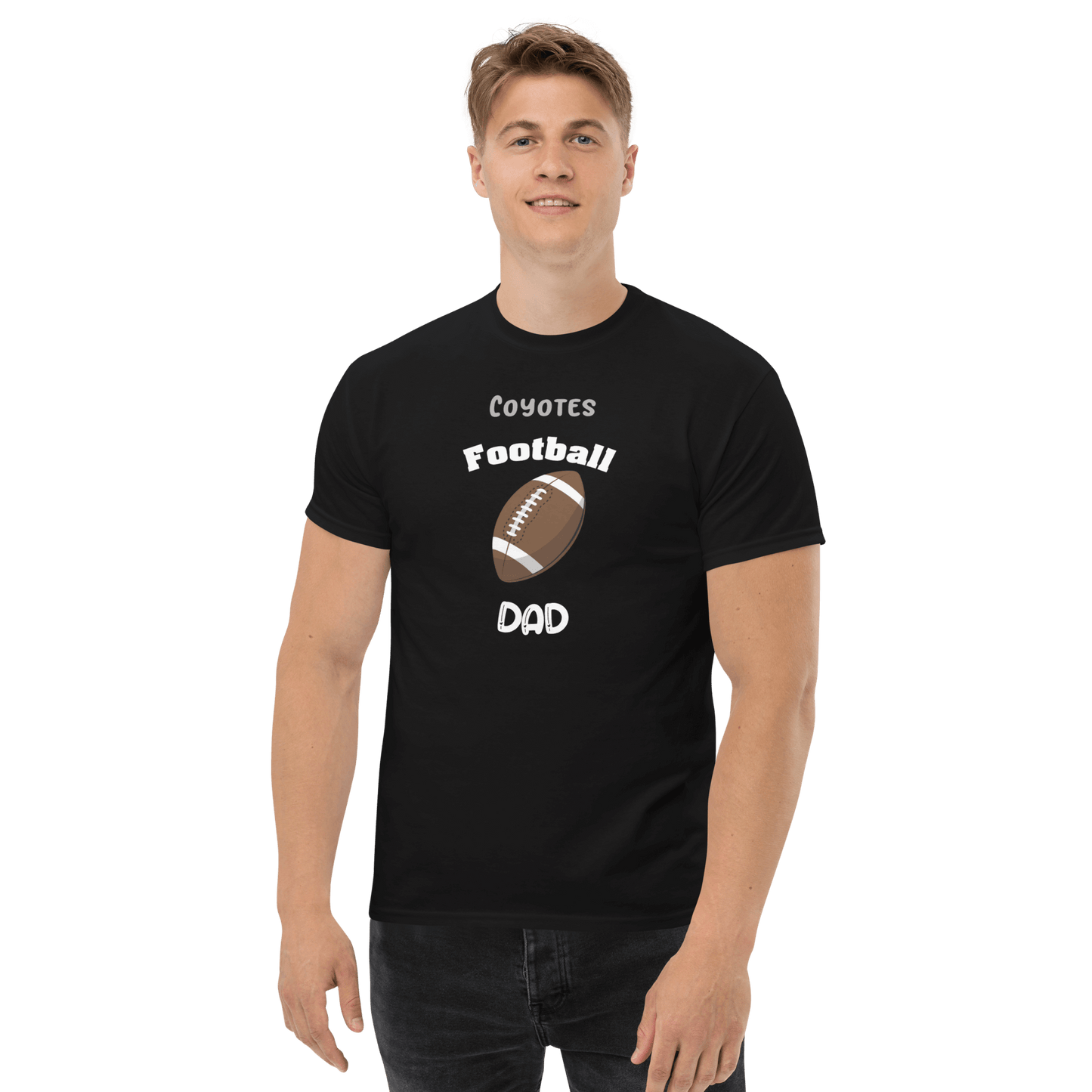 Black tee for football dads featuring 'Coyotes Football Dad' and a football graphic.