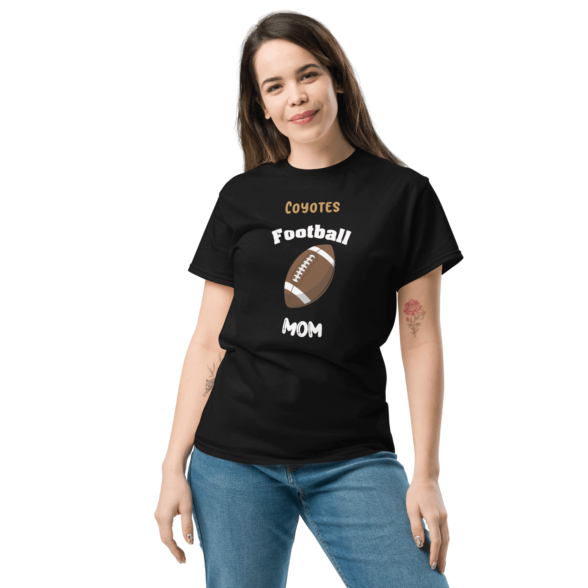 Personalized black football mom tee featuring football design, perfect for proud supporters and game day.