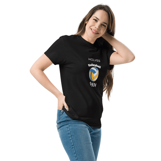 Black custom volleyball parent tee featuring Wolves logo, perfect for game day support and casual wear.