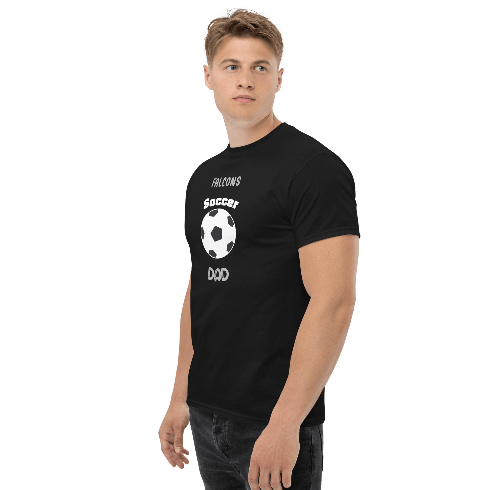 Custom black Soccer Dad tee with 'Falcons' and soccer ball design, perfect for soccer parents and fans.