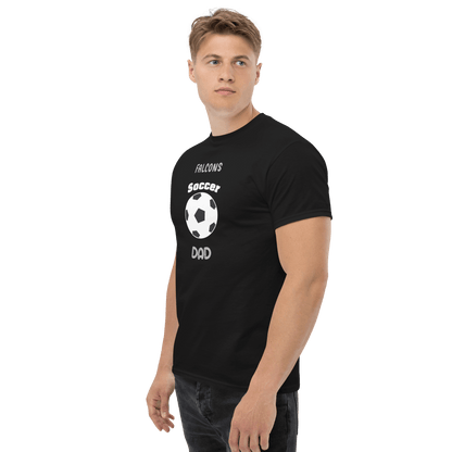 Custom black Soccer Dad tee with 'Falcons' and soccer ball design, perfect for soccer parents and fans.