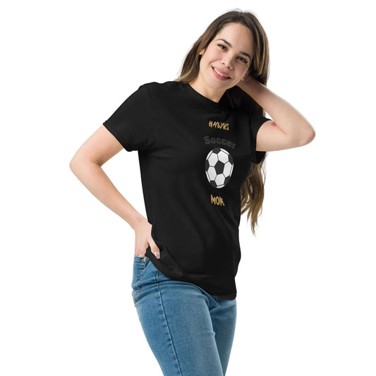 Soccer mom tee, black custom shirt with soccer ball design, perfect for youth sports fans and supporters.