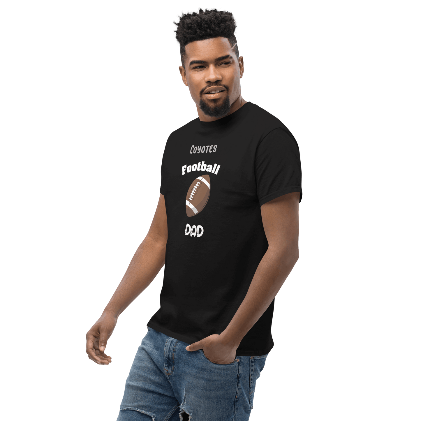 Personalized football tee for dads with 'Coyotes Football Dad' design, perfect for game day and casual wear.