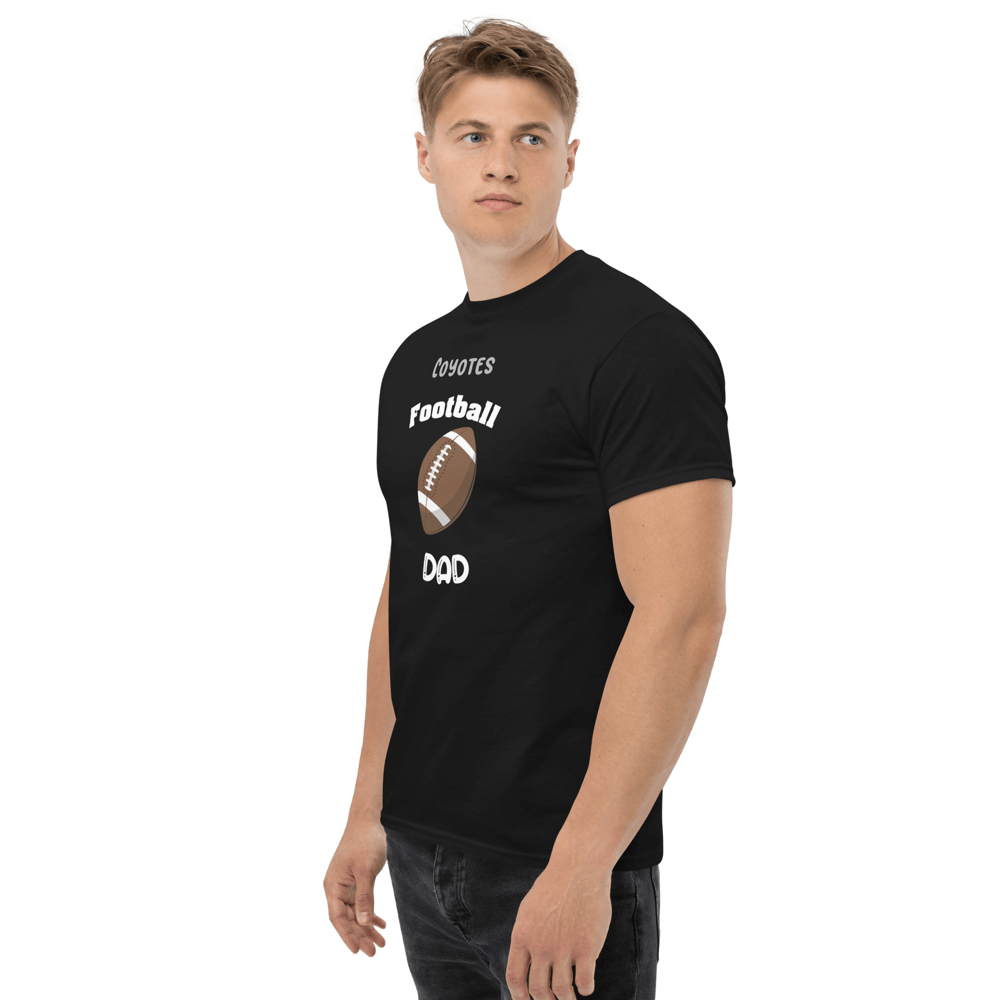 Black personalized football supporter tee for dads featuring a football graphic and 'Coyotes Football Dad' text.