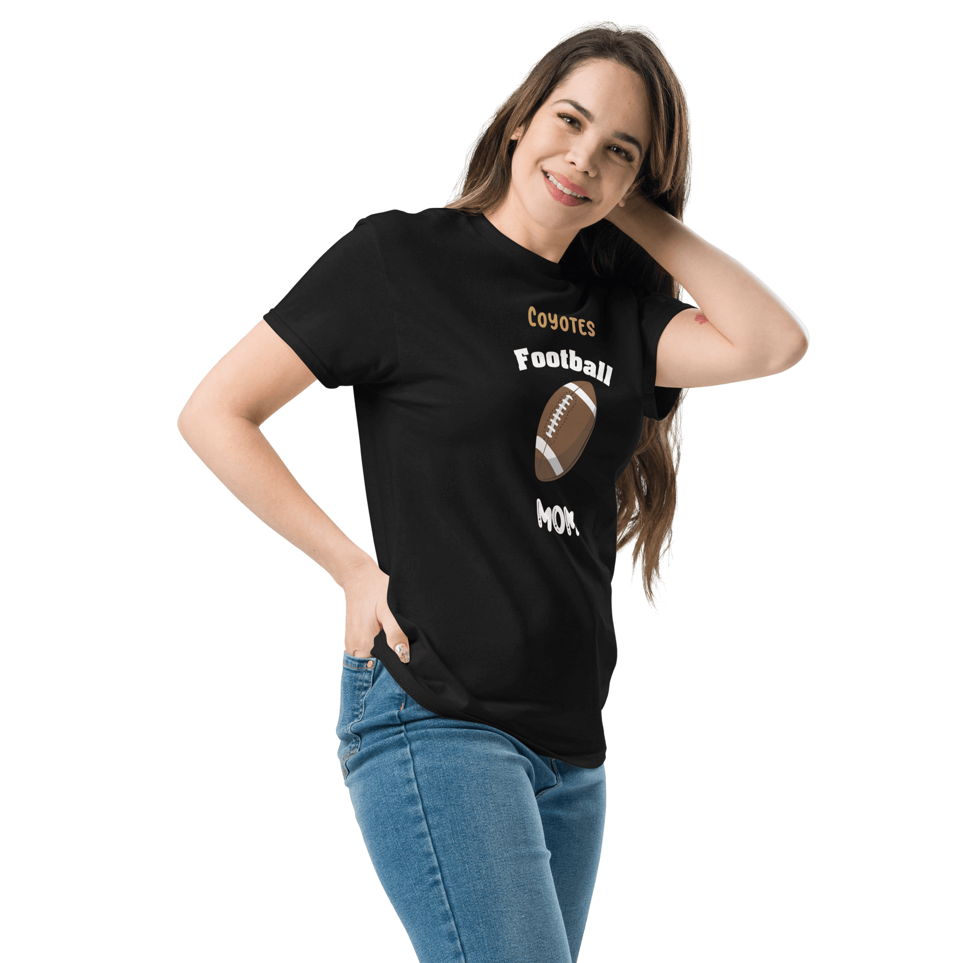 Personalized black football tee for moms featuring the text 'Coyotes Football Mom' with a football graphic.
