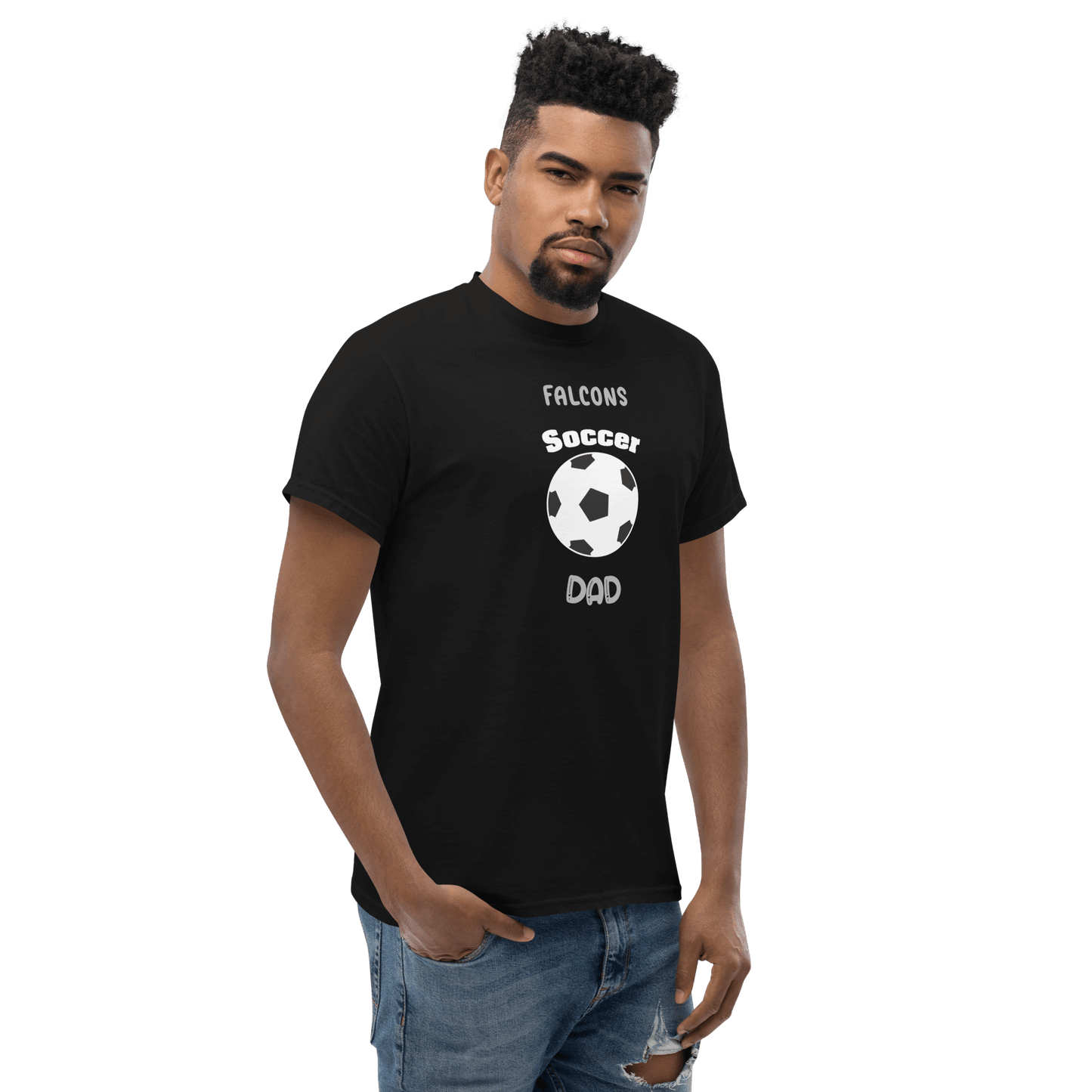 Soccer Dad tee featuring a black shirt with 'Falcons Soccer Dad' and soccer ball graphic, perfect for game day.