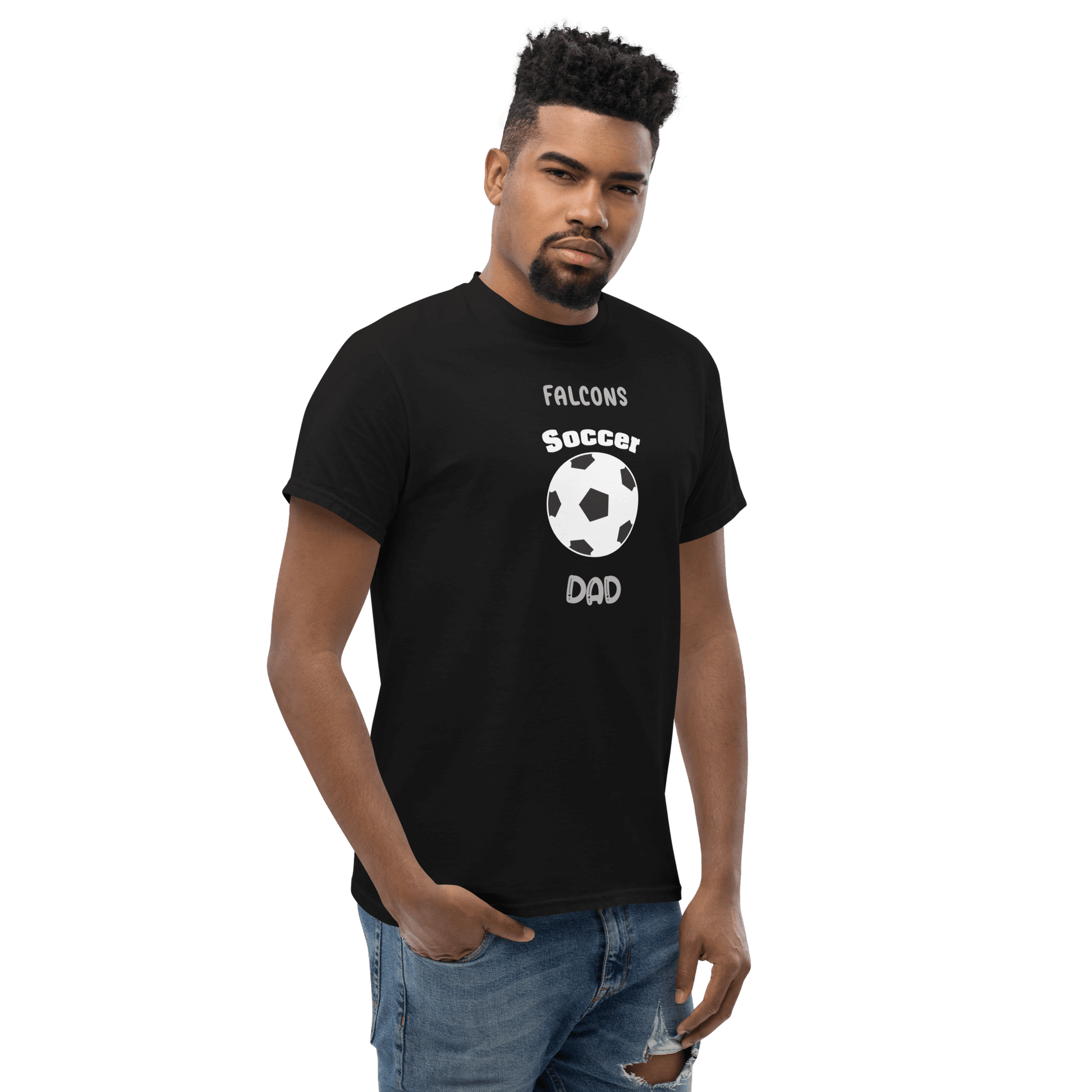 Soccer Dad tee featuring a black shirt with 'Falcons Soccer Dad' and soccer ball graphic, perfect for game day.