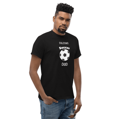 Soccer Dad tee featuring a black shirt with 'Falcons Soccer Dad' and soccer ball graphic, perfect for game day.