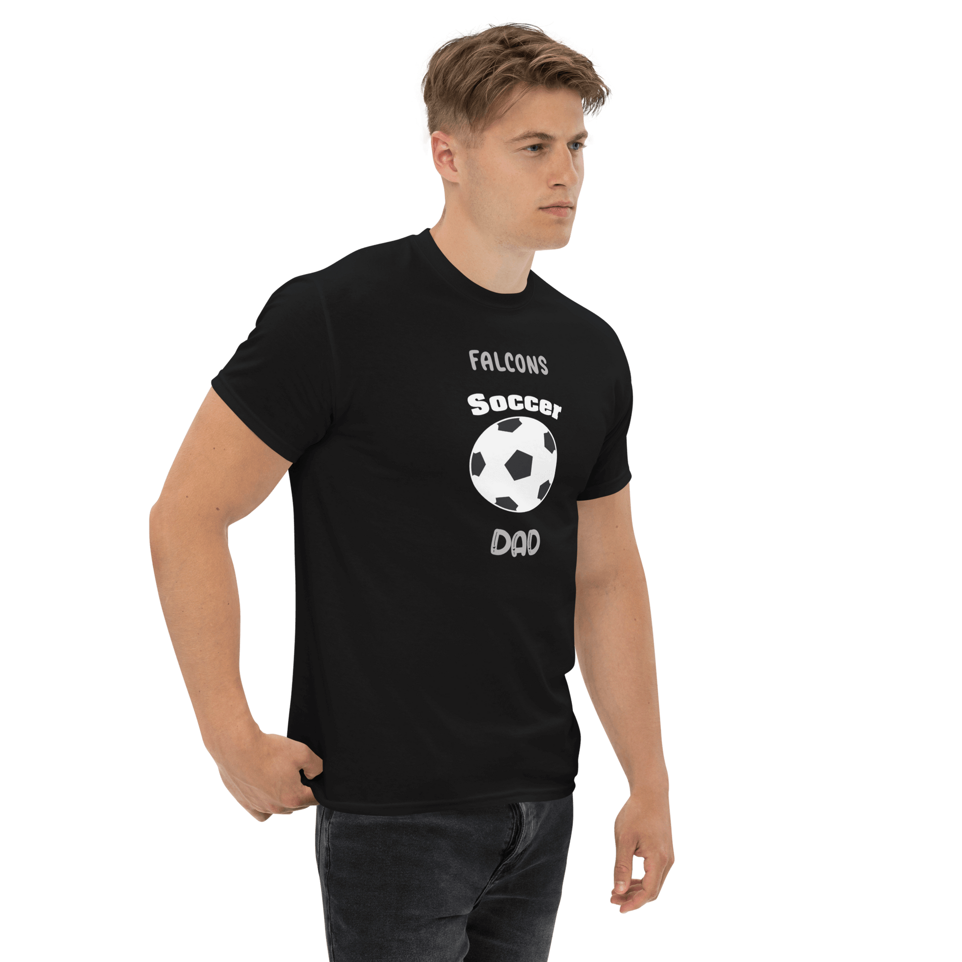 Custom black Soccer Dad tee featuring falcons and soccer ball design, ideal for proud parents and fans.