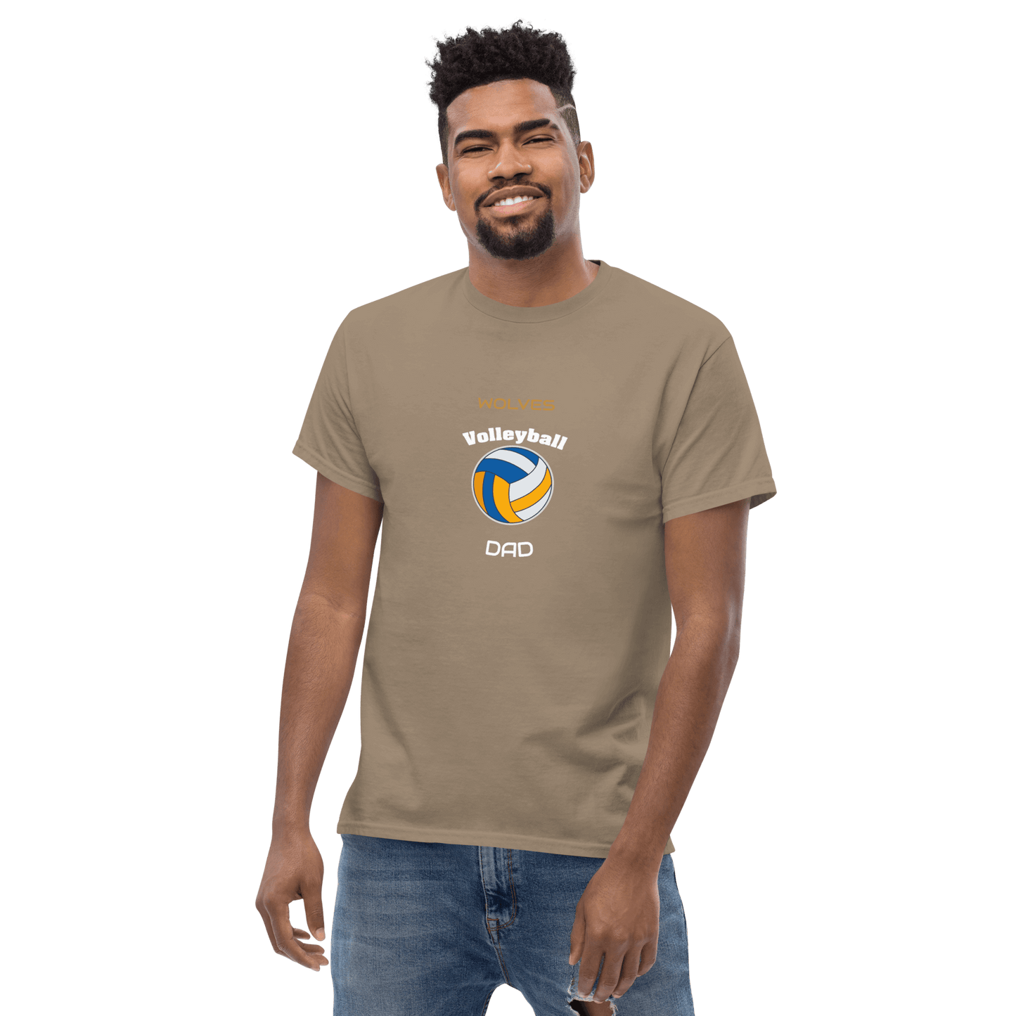 Custom volleyball dad tee in beige, perfect for proud parents supporting their athletes on game day.
