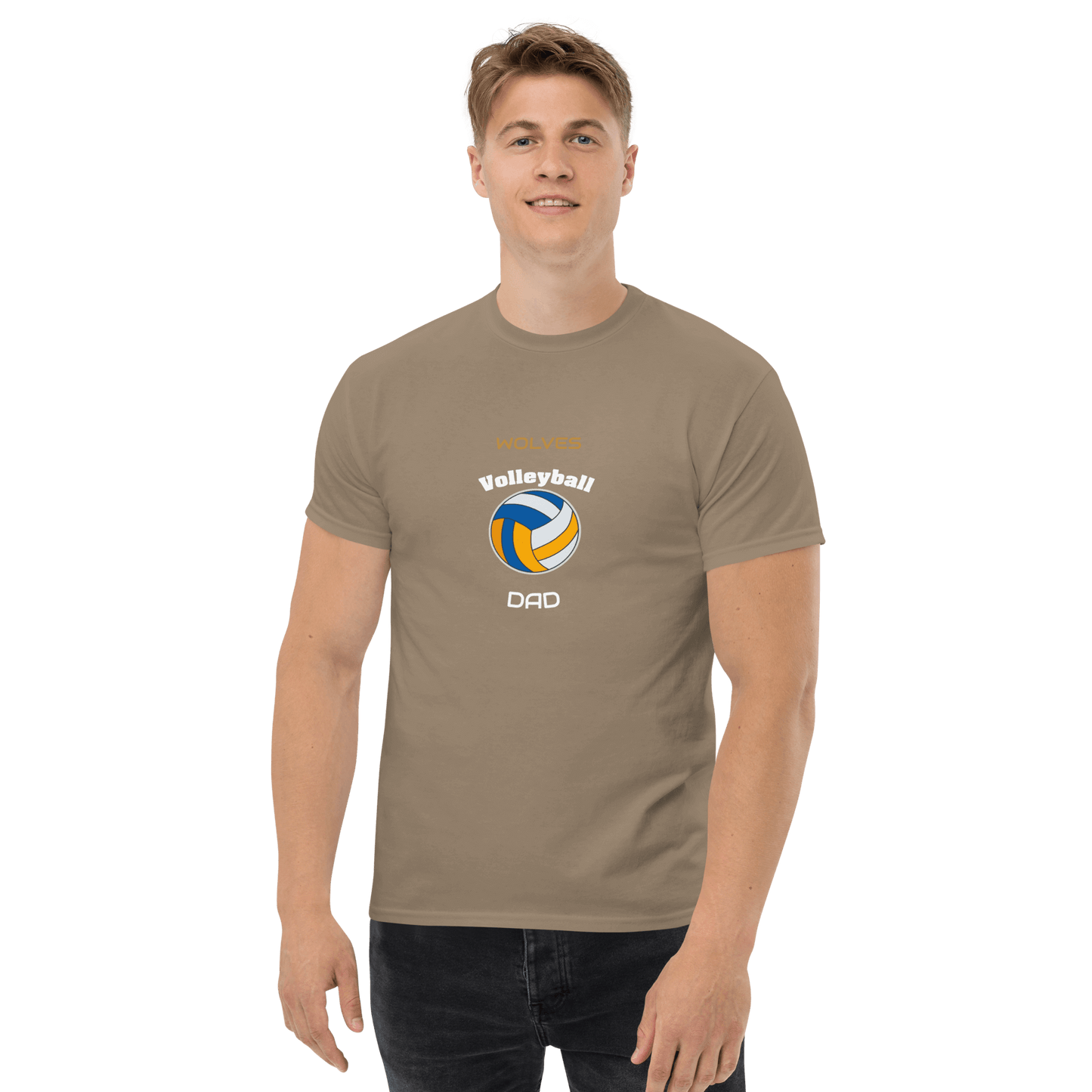 Custom volleyball dad tee in beige, perfect for game day support and fan pride.
