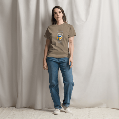 Custom volleyball parent tee worn by a woman, featuring a volleyball graphic and text for game day support.