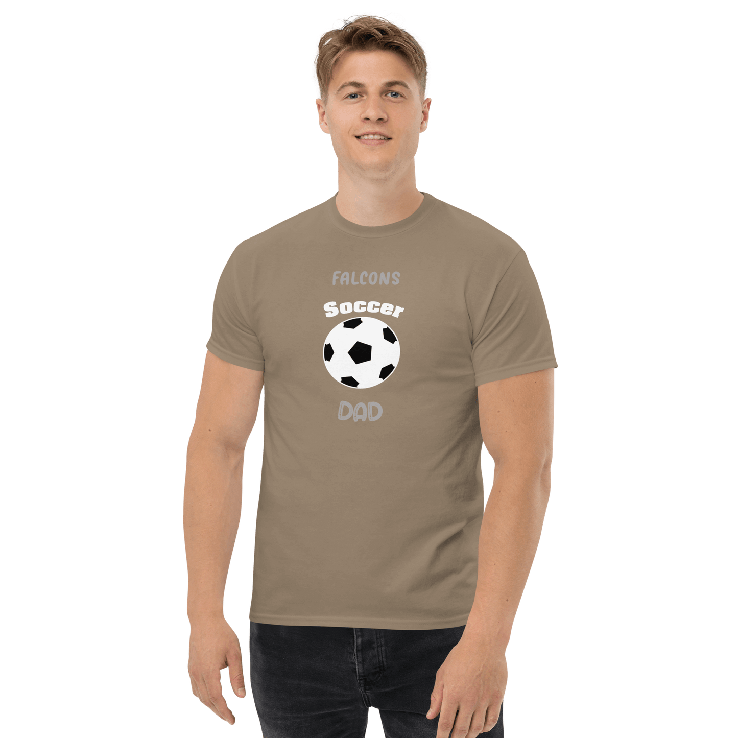 Soccer Dad tee featuring Falcons logo and soccer ball design for proud parents and fans on game day.