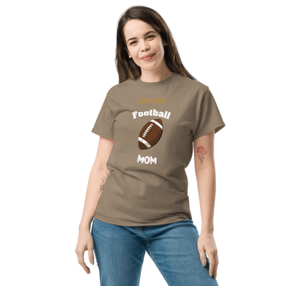 Personalized football mom tee in brown, perfect for proud parents supporting youth leagues and varsity teams.