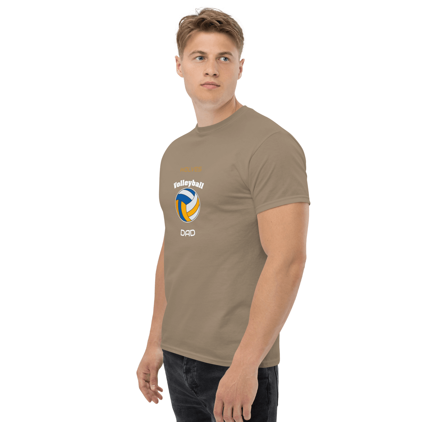Custom volleyball dad tee in tan color, perfect for cheering on game day and showcasing team spirit.