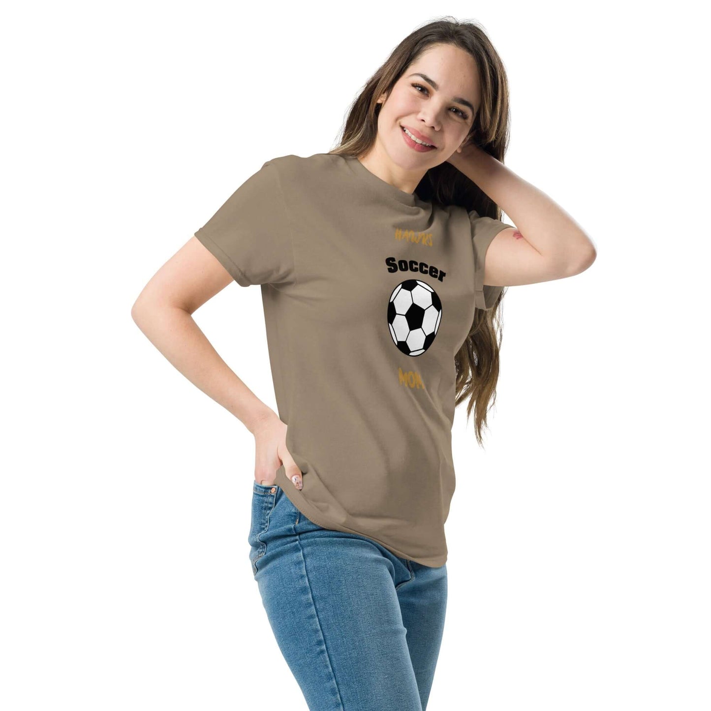 Soccer Parent Tee displaying a woman in a tan shirt with soccer ball graphic, ideal for youth sports fans.