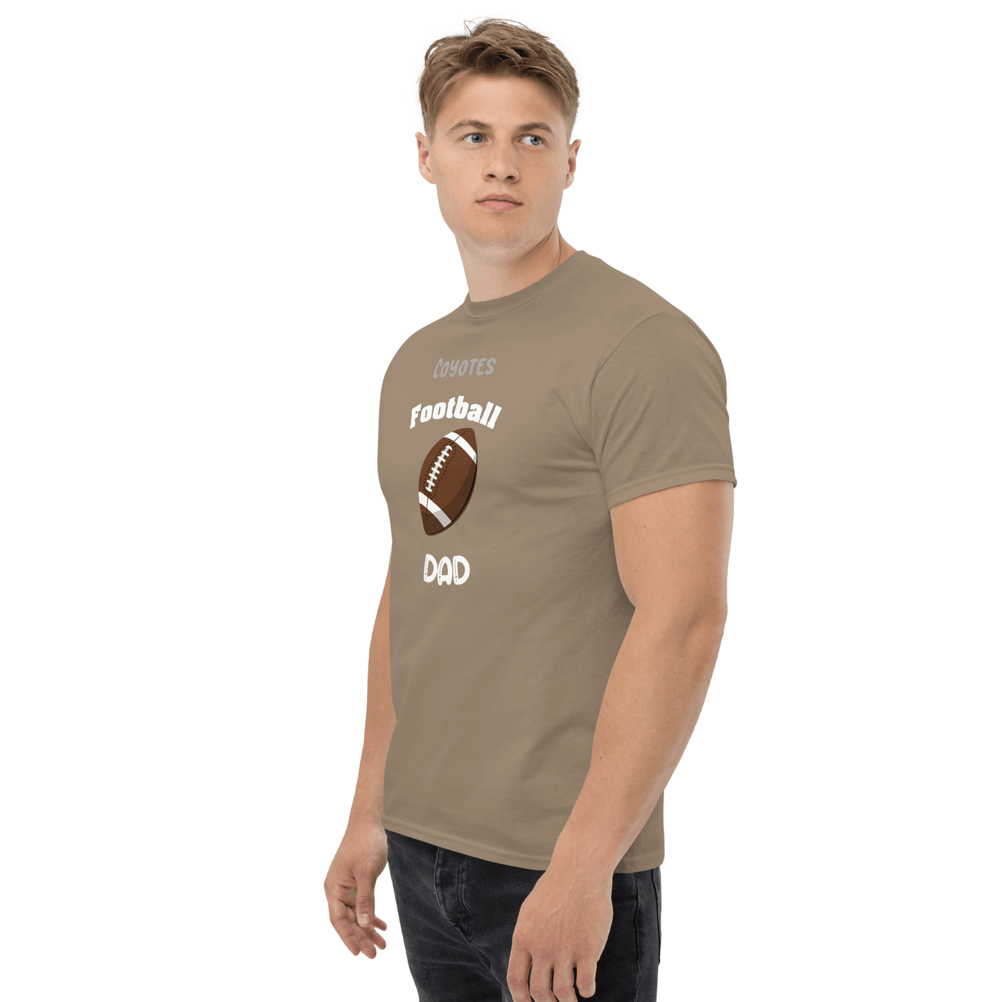Custom football tee for dads featuring a football graphic and the text, 'Coyotes Football Dad', perfect for game day.