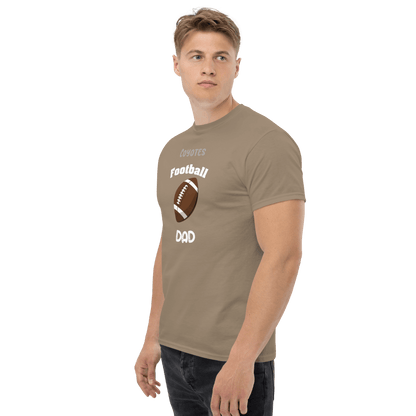 Custom football tee for dads featuring a football graphic and the text, 'Coyotes Football Dad', perfect for game day.