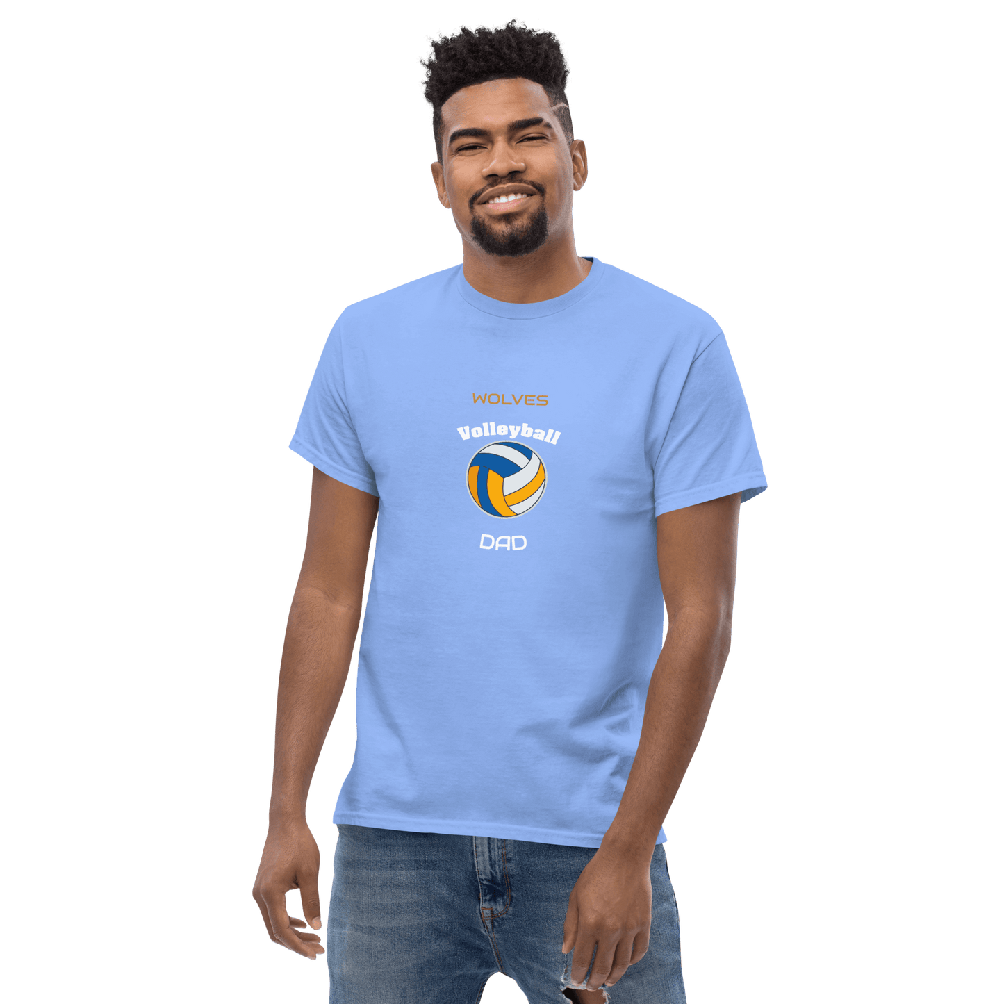 Custom blue volleyball dad tee with Wolves logo, perfect for game day support and fan pride.