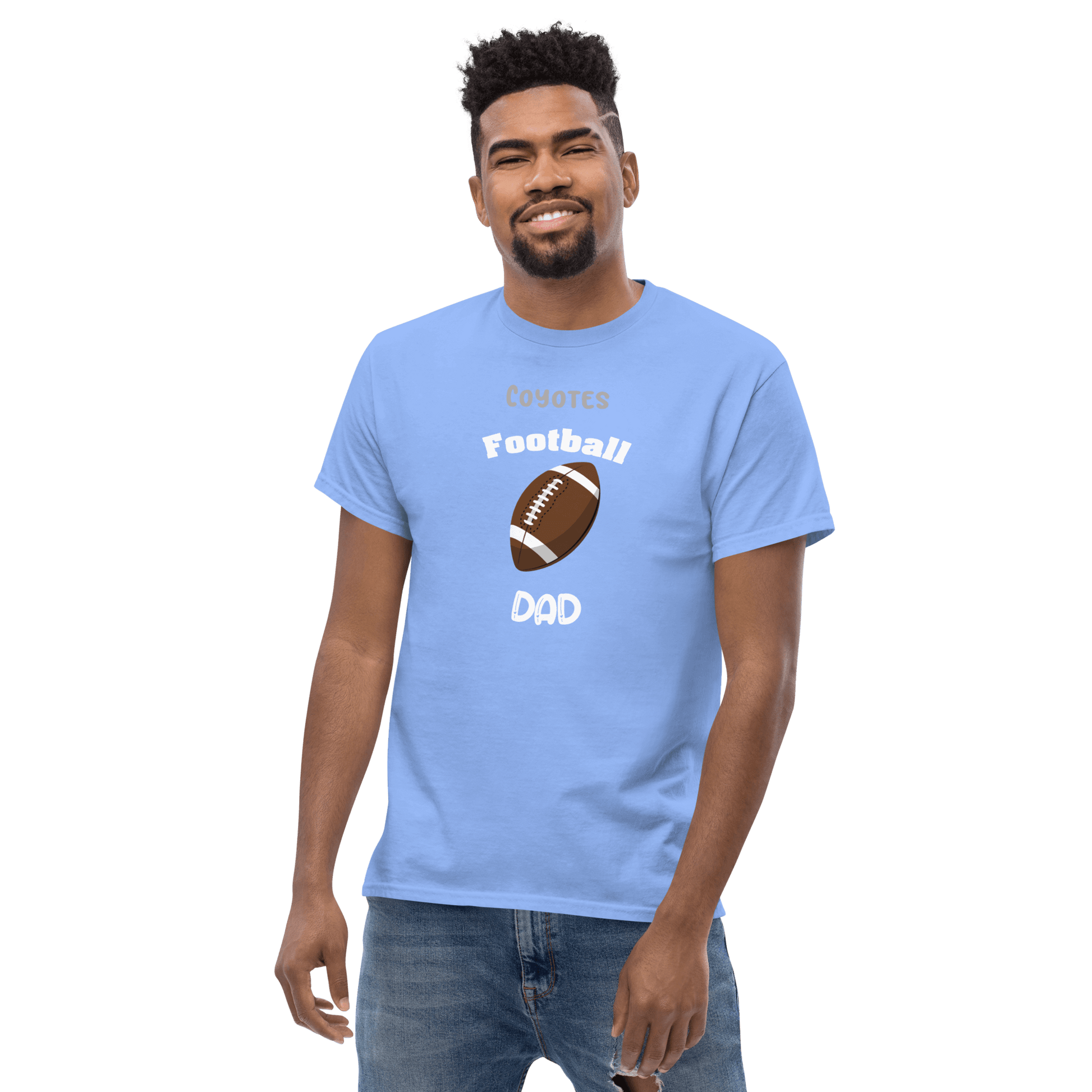Personalized blue football dad tee featuring Coyotes logo, perfect for proud football supporters.