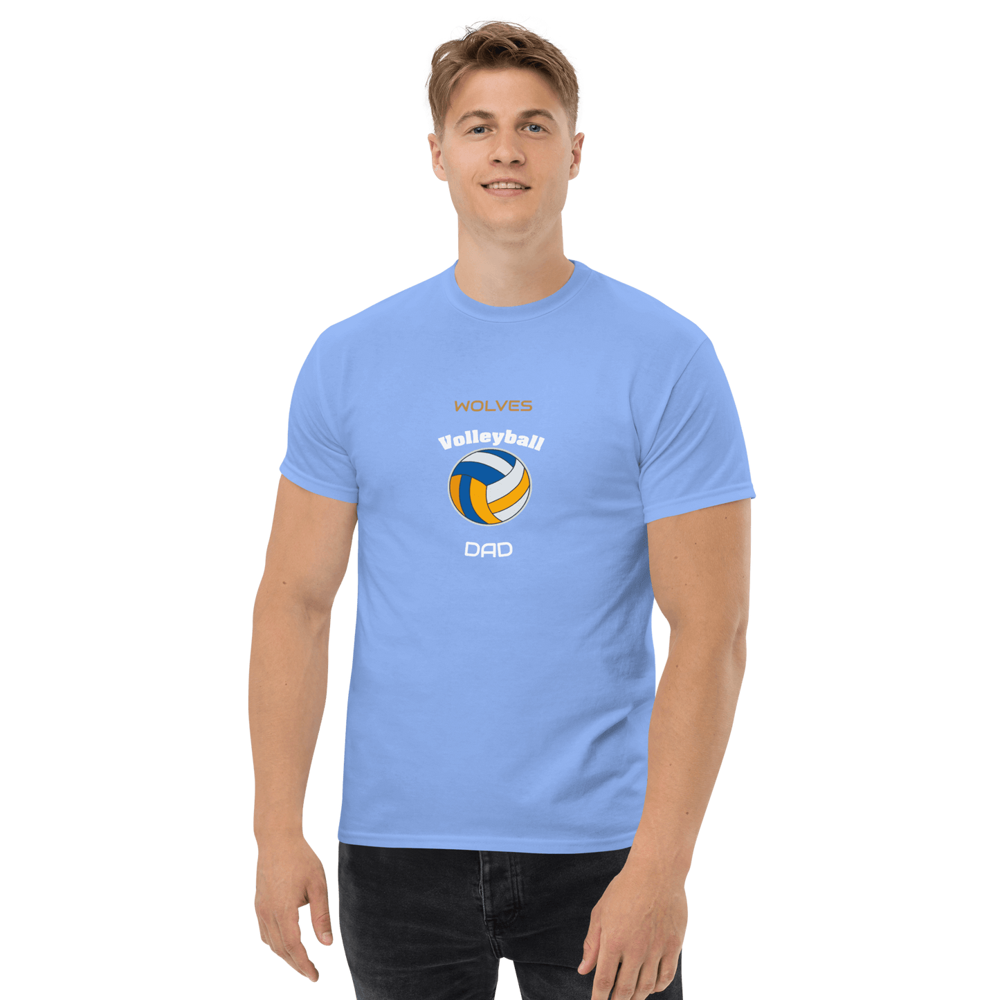 Custom light blue Volleyball Dad tee, perfect for cheering at games and supporting young athletes.