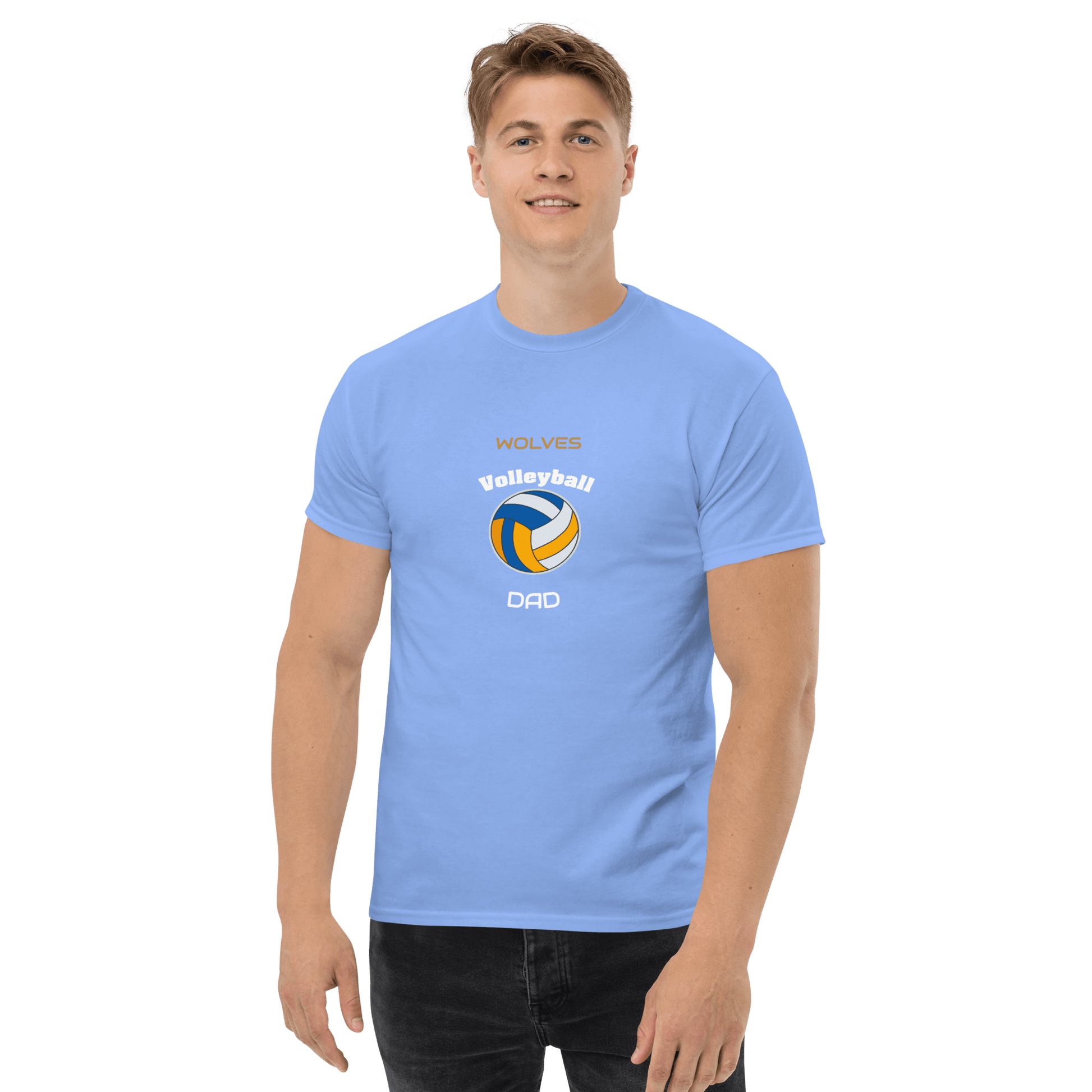 Custom light blue Volleyball Dad tee, perfect for cheering at games and supporting young athletes.