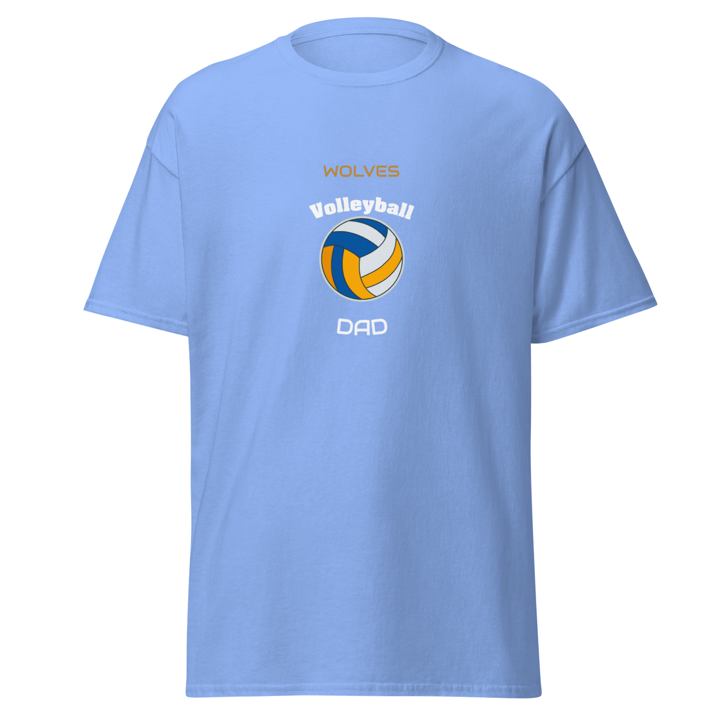Custom blue volleyball dad tee with 'Wolves' and volleyball graphic for proud sports parents.