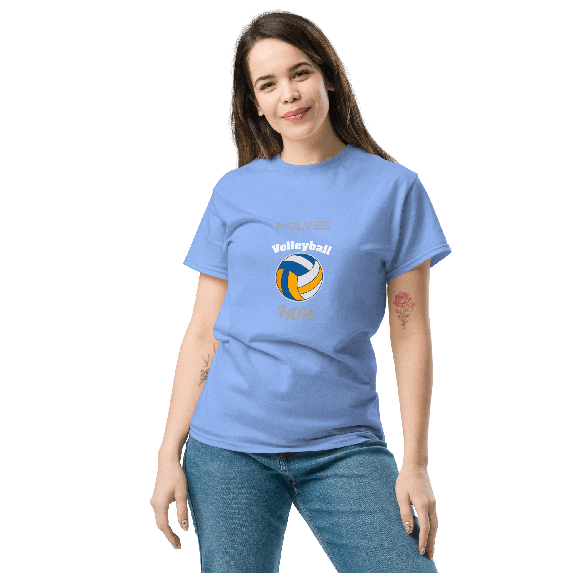 Custom volleyball parent tee in blue featuring 'Wolves Volleyball' and a volleyball graphic, perfect for game day support.