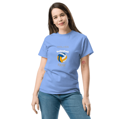 Custom volleyball parent tee in blue featuring 'Wolves Volleyball' and a volleyball graphic, perfect for game day support.