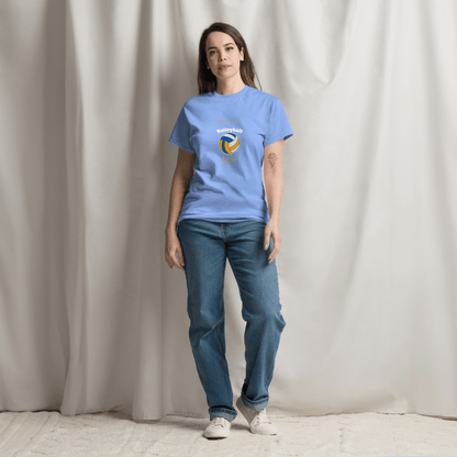 Woman wearing a custom blue volleyball parent tee, showcasing team spirit and comfort for game day.