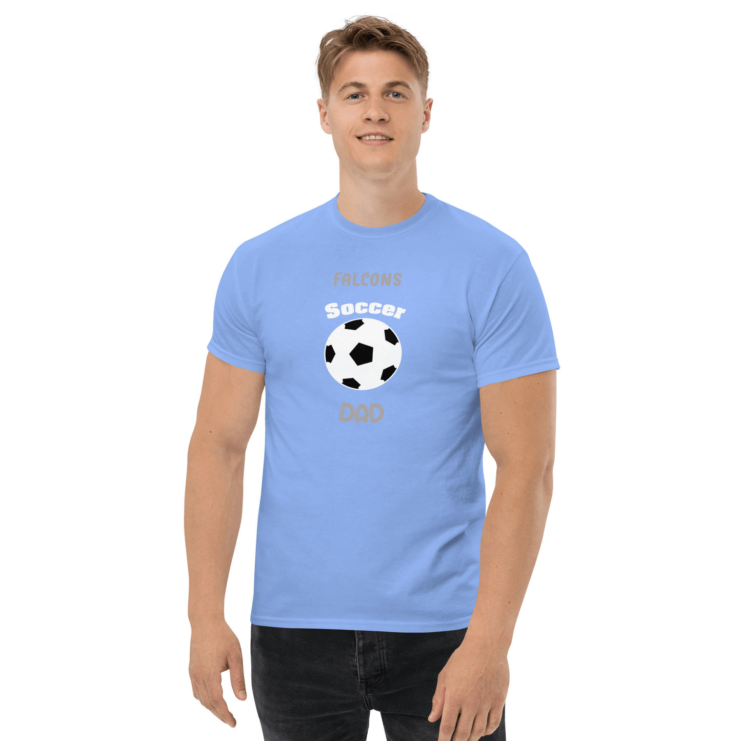 Light blue soccer dad t-shirt with 'Falcons Soccer Dad' text and soccer ball graphic, perfect for proud parents.