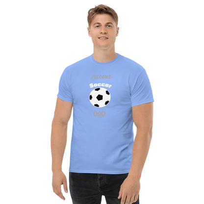 Light blue soccer dad t-shirt with 'Falcons Soccer Dad' text and soccer ball graphic, perfect for proud parents.