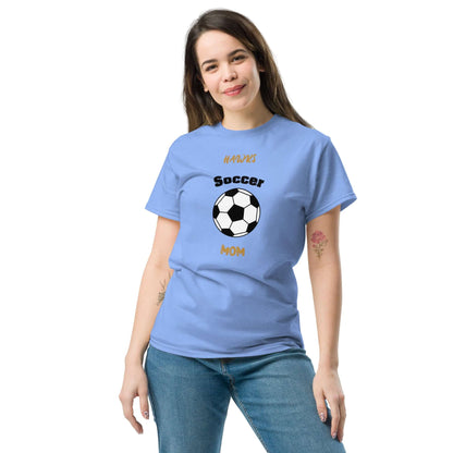 Soccer mom wearing a blue custom supporter tee featuring a soccer ball design and playful text.