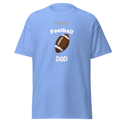 Light blue personalized 'Coyotes Football Dad' tee featuring a football graphic for proud sports parents.