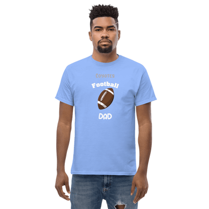 Personalized light blue Football Dad tee shirt featuring a football graphic for proud supporters.