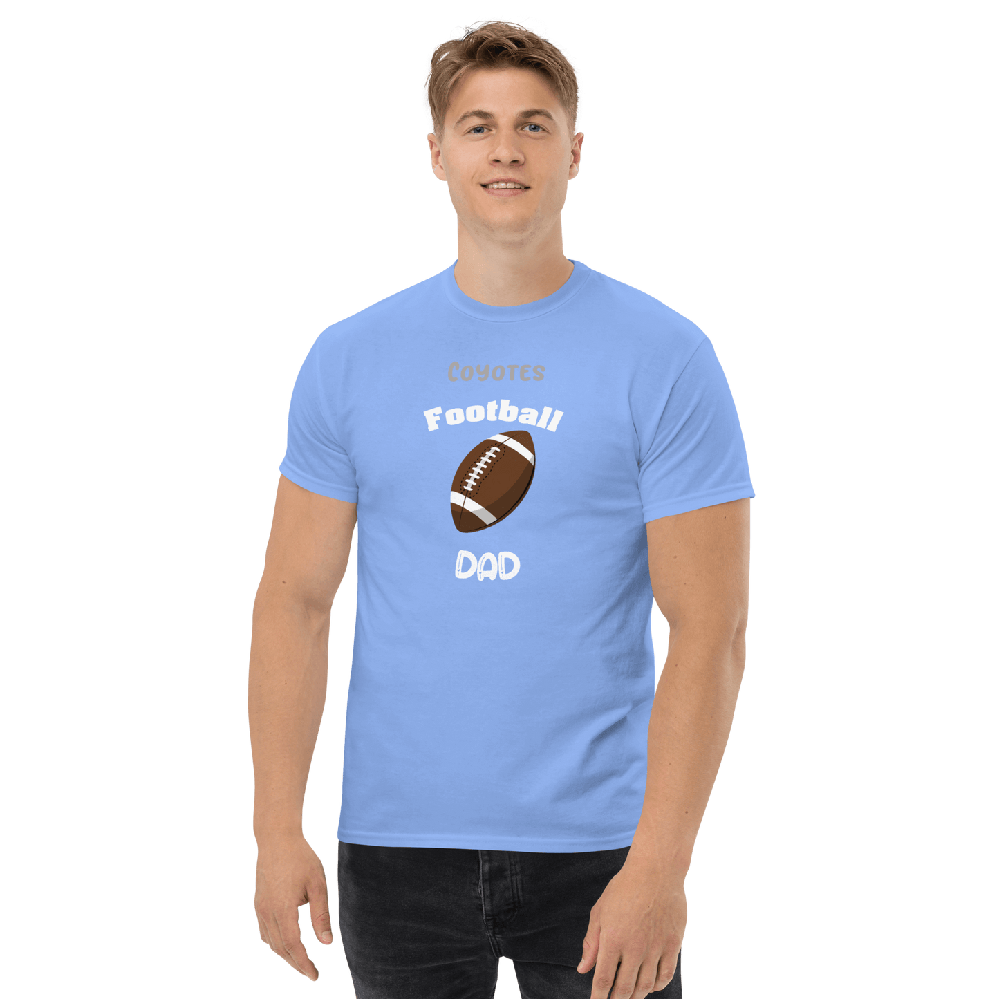 Custom blue football dad tee for Coyotes supporters, perfect for game day and everyday wear.