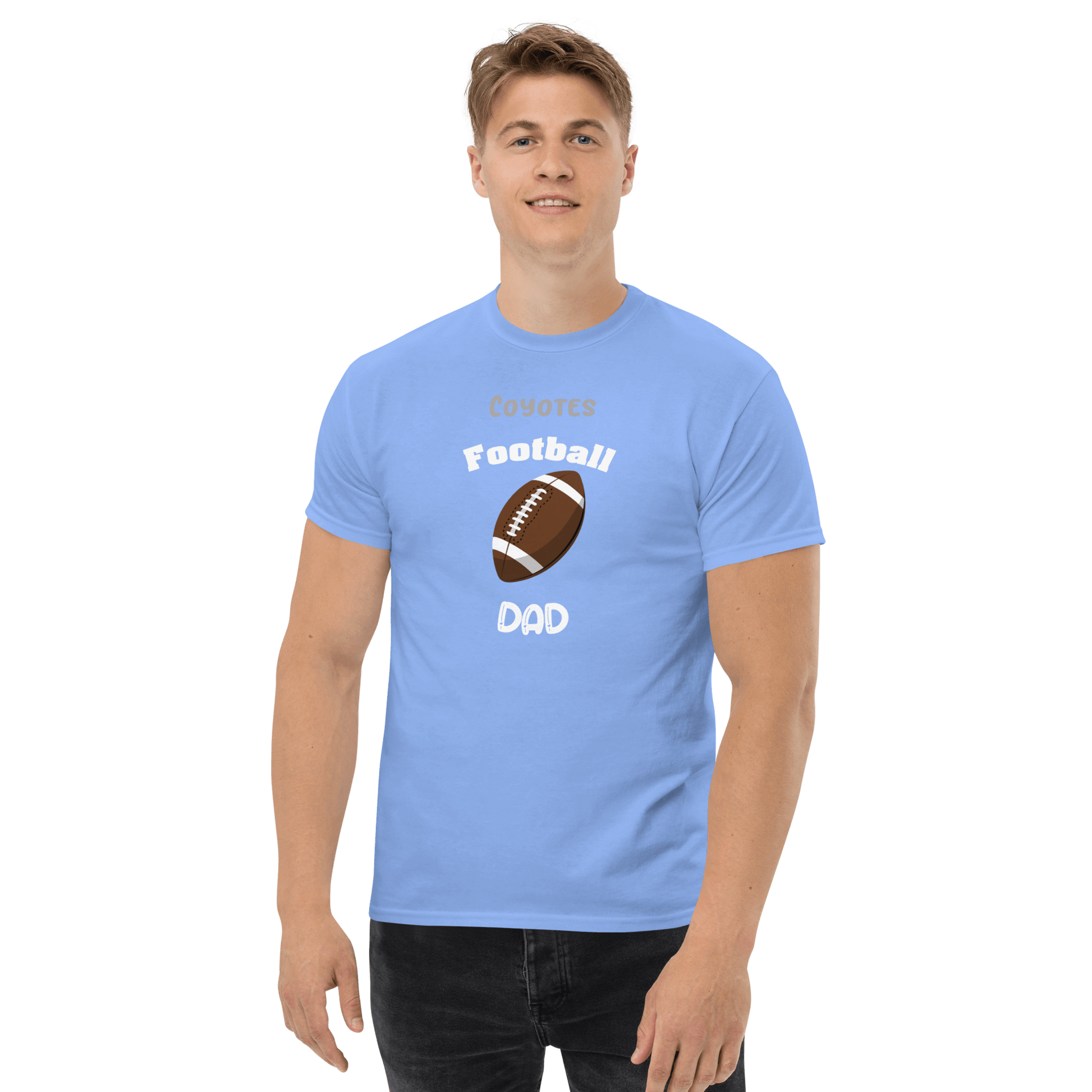 Custom blue football dad tee for Coyotes supporters, perfect for game day and everyday wear.