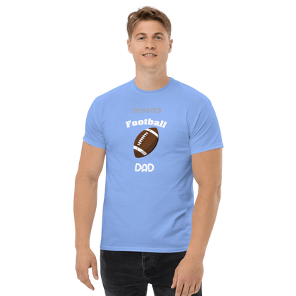 Custom blue football dad tee for Coyotes supporters, perfect for game day and everyday wear.