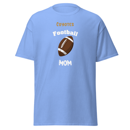 Personalized blue football mom tee with Coyotes logo for proud supporters.