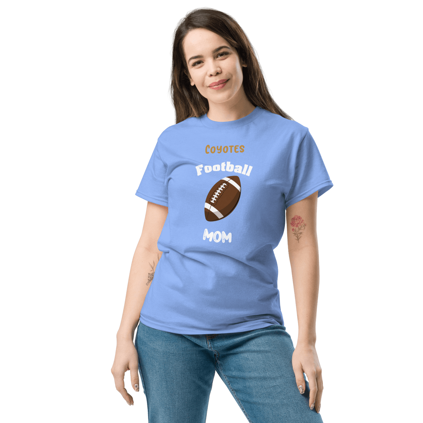 Personalized football mom tee in blue, perfect for game day and proud supporters of youth sports.