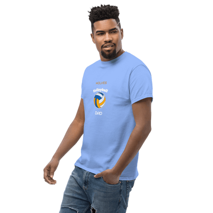 Custom volleyball dad tee in blue, perfect for supporting your player on game day.