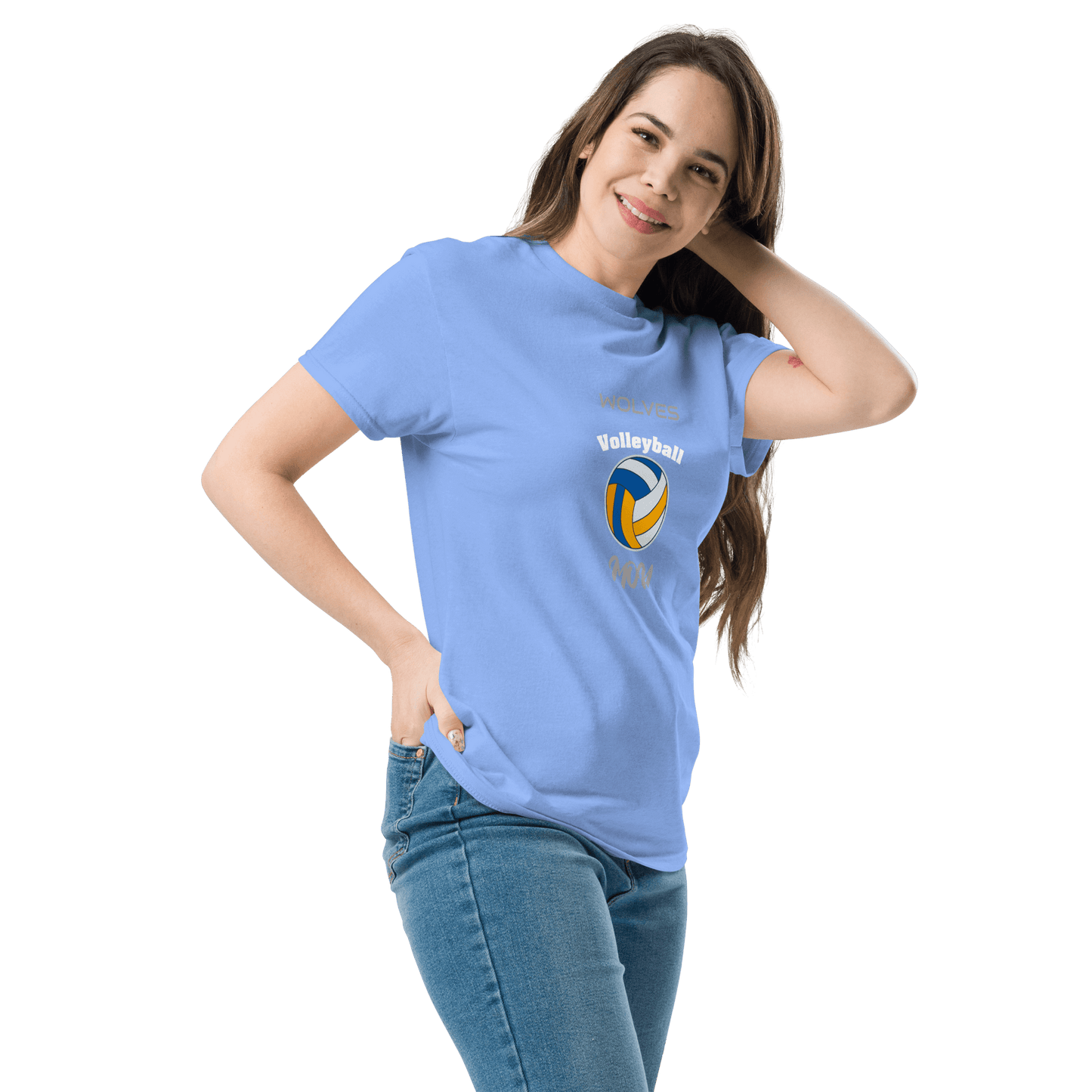 Woman wearing a light blue custom volleyball tee, perfect for game day support and fan pride.