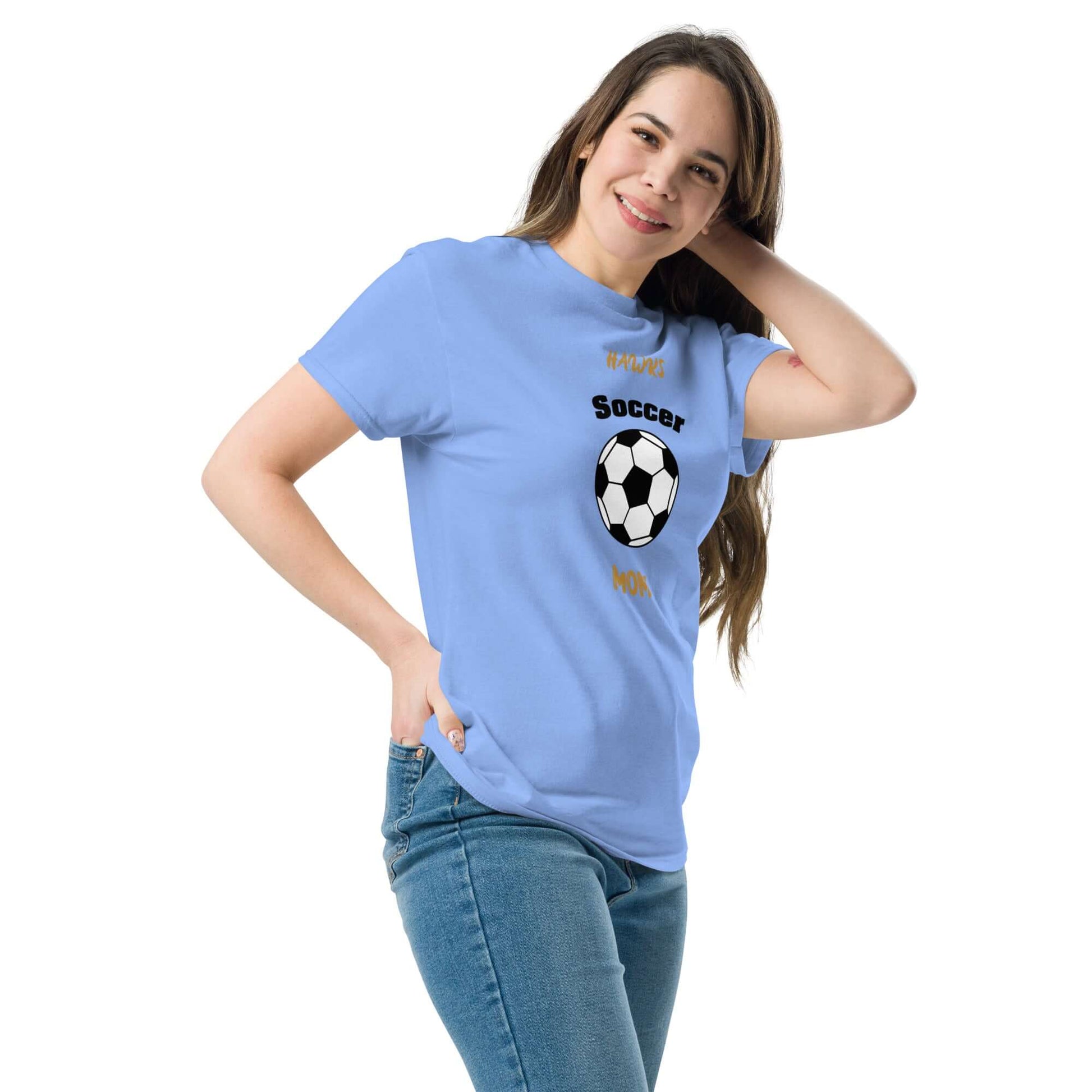 Custom soccer parent tee in blue featuring a soccer ball graphic, perfect for youth sports events and cheering on teams.