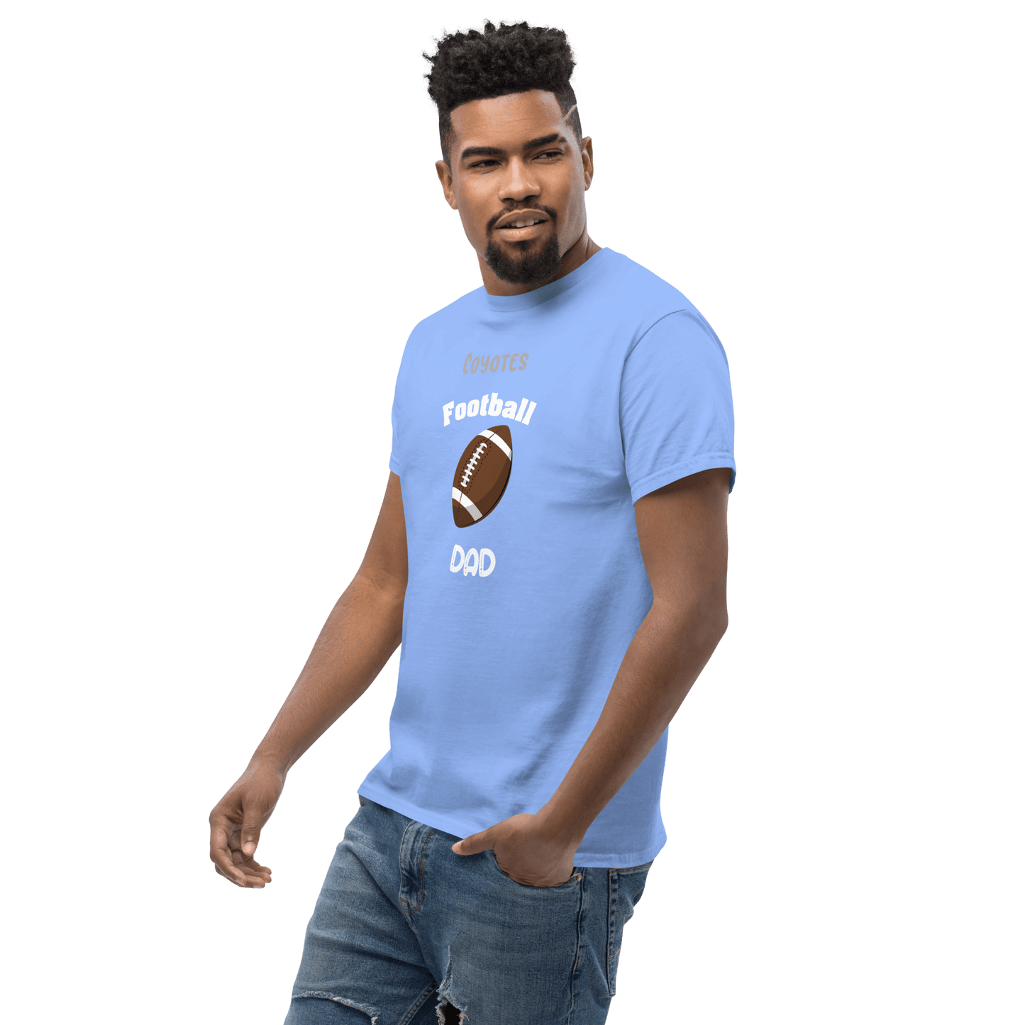 Personalized football supporter tee for dads, featuring a Coyote design on a blue shirt.